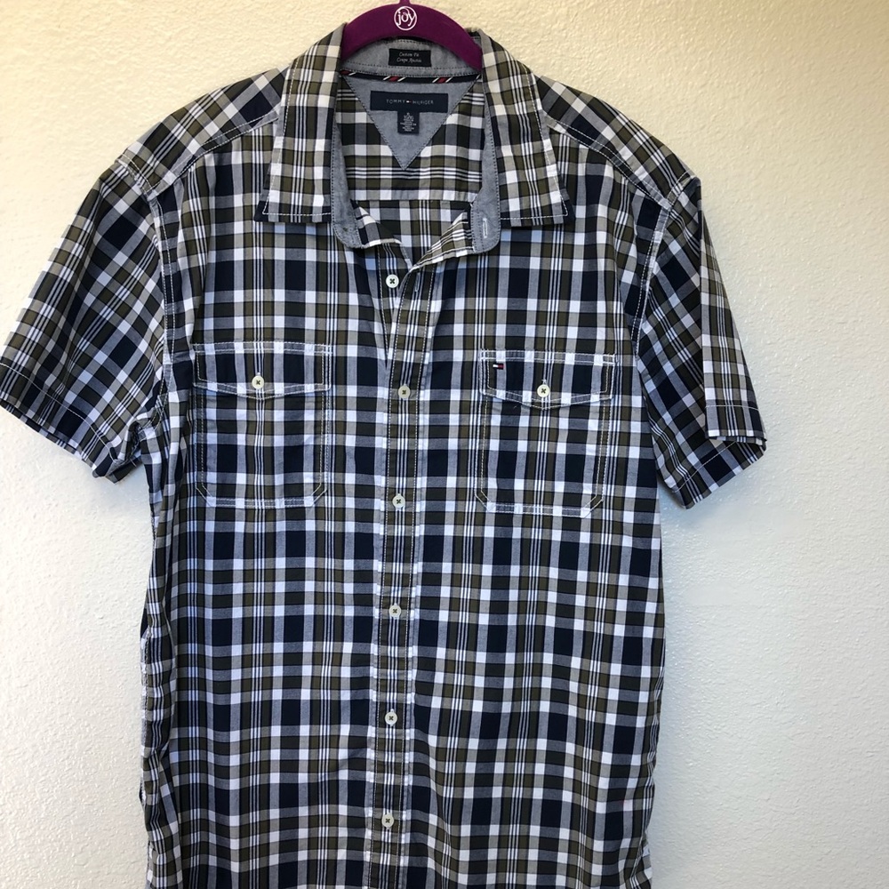 Tommy Hilfiger blue plaid button down shirt.